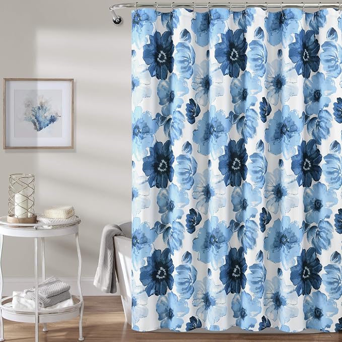Lush Decor Leah Floral Shower Curtain, 72" W x 72" L, Navy & White - Fabric Shower Curtains - Watercolor Botanical Bathroom Curtain - Farmhouse & French Country Decor