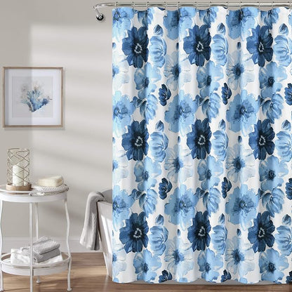 Lush Decor Leah Floral Shower Curtain, 72" W x 72" L, Navy & White - Fabric Shower Curtains - Watercolor Botanical Bathroom Curtain - Farmhouse & French Country Decor