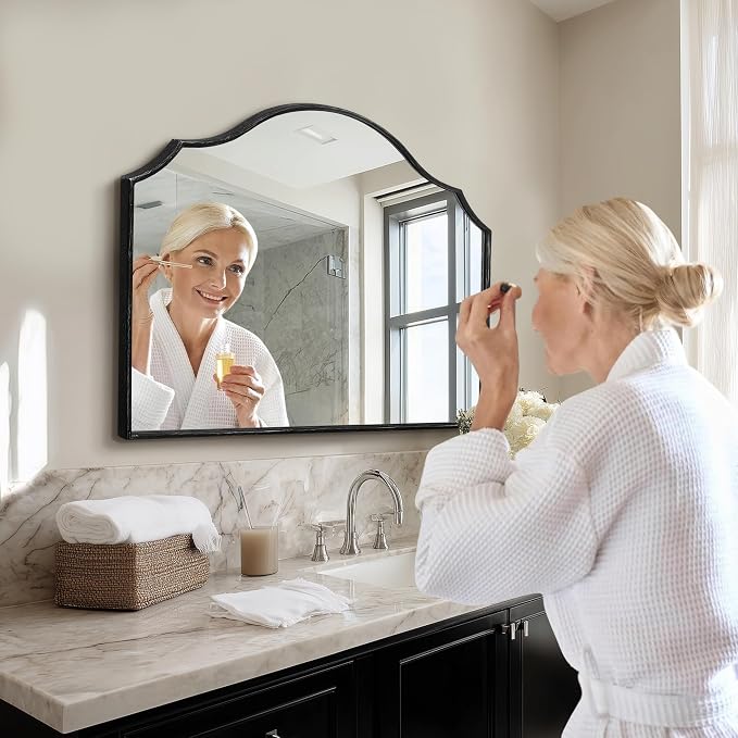 Besdomus Black Wooden Vanity Mirror: 32"x24" Bathroom Mirrors for Over Sink | Scalloped Modern Minimalist Decorative Wall Mirror for Dresser/Mantel/Bedroom/Entryway/Fireplace/Nightstand/Dining Room