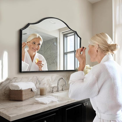 Besdomus Black Wooden Vanity Mirror: 32"x24" Bathroom Mirrors for Over Sink | Scalloped Modern Minimalist Decorative Wall Mirror for Dresser/Mantel/Bedroom/Entryway/Fireplace/Nightstand/Dining Room