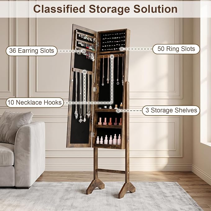 Giantex Jewelry Armoire with Full Length Mirror, Freestanding Jewelry Organizer Cabinet with Ring Slots, Earring Holders, Necklace Hooks & Storage Shelves for Bedroom (Rustic Brown)