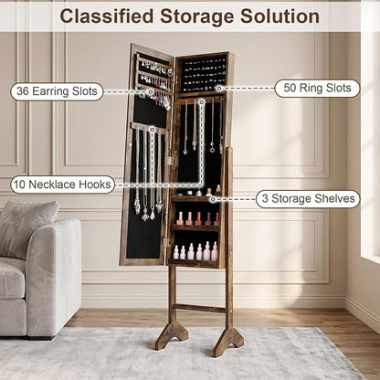 Giantex Jewelry Armoire with Full Length Mirror, Freestanding Jewelry Organizer Cabinet with Ring Slots, Earring Holders, Necklace Hooks & Storage Shelves for Bedroom (Rustic Brown)