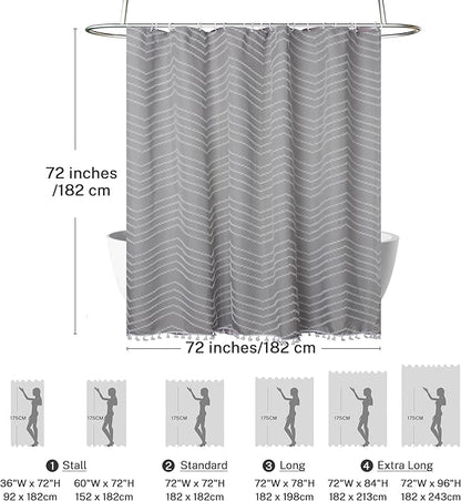Boho Shower Curtain with Tassel Woven Fabric Grey Shower Curtain 72 x 72 Modern Farmhouse Textured Tufted Chevron Striped Minimalist Bathroom Shower Curtain Set with Hooks