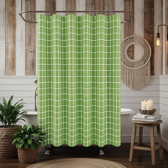 Fabric Shower Curtains for Bathroom-Cloth Modern Farmhouse Shower Curtain | 70"Wx72"L Sage Green Faux Linen Grid Minimalist Simple Neutral Guest Bathroom Decor-Textured Geometric Plaid Machine Washable