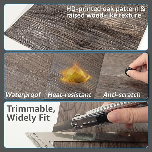Art3d 30-Pack Peel and Stick Vinyl Floor Planks, 12 x 12 in, Dark Brown Oak | Premium Vinyl, Self-Adhesive, Waterproof, Wood Grain, Fade-Resistant, Scratch-Proof, Ideal for Kitchen, Dining Room, Bedrooms