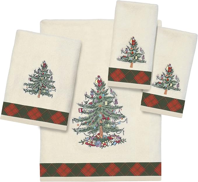 Spode - Hand Towel, Soft & Absorbent Cotton, Holiday Bathroom Decor Christmas Tree Tartan Collection