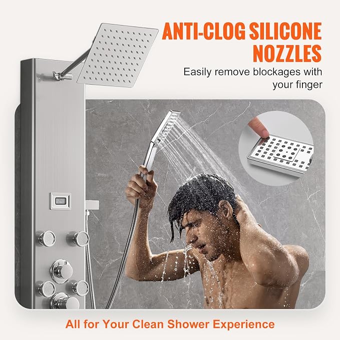 VEVOR Shower Panel Tower System, 5 Shower Modes, Digital Display Shower Panel, Rainfall, 8 Massage Jets, Tub Spout, 3-Setting Handheld Shower Head 59" Hose, Stainless Steel Wall-Mounted Shower Set