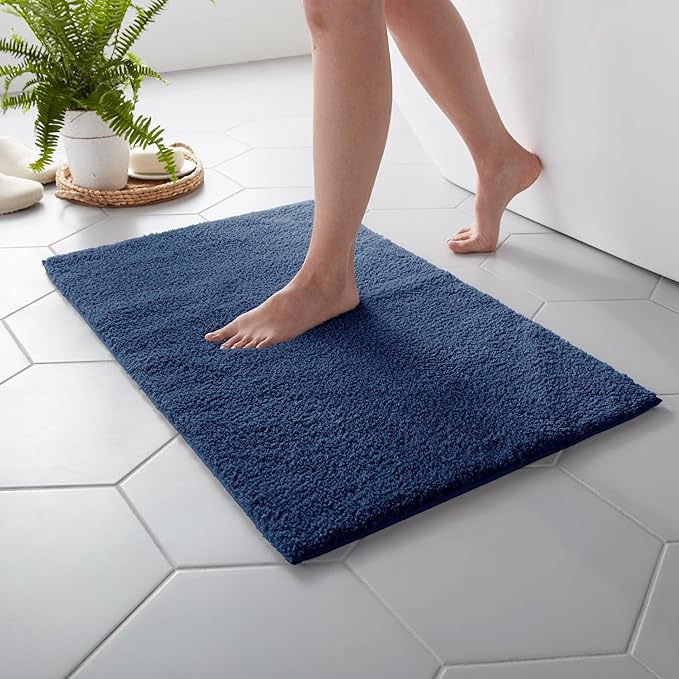 MARTHA STEWART Drylon Microfiber Bath Rug - 1 Piece, Ultra Soft Plush, Non-Slip, Thick, Washable Bathroom Rugs, Home Decor Accessories, Household Essentials, Small Bath Mat, 17" x 24", Navy Blue