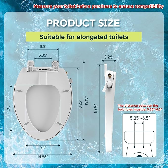 Elongated Bidet Toilet Seat with Soft-Close Lid, Self-Cleaning Dual Nozzles, Non-Electric Bidet Seat with Adjustable Water Pressure, White Toilet Seat for Elongated Toilets with Brass Inlet