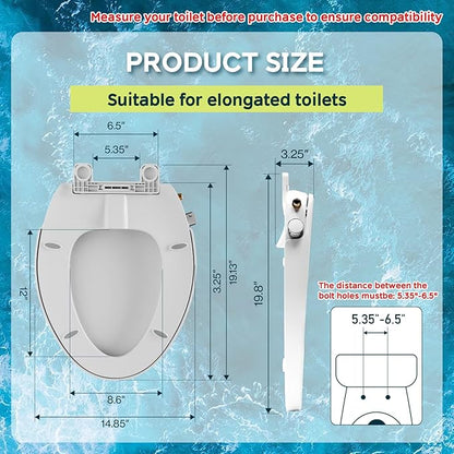 Elongated Bidet Toilet Seat with Soft-Close Lid, Self-Cleaning Dual Nozzles, Non-Electric Bidet Seat with Adjustable Water Pressure, White Toilet Seat for Elongated Toilets with Brass Inlet