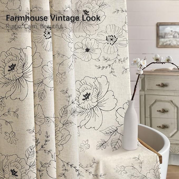 Farmhouse Floral Linen Shower Curtain, Vintage Black Embroidered Pattern Rustic Shower Curtains for Bathroom, Tan Taupe,72x72