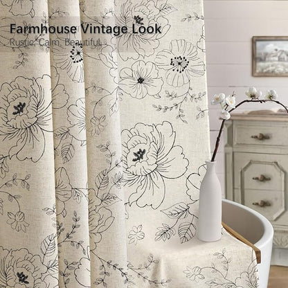 Farmhouse Floral Linen Shower Curtain, Vintage Black Embroidered Pattern Rustic Shower Curtains for Bathroom, Tan Taupe,72x72