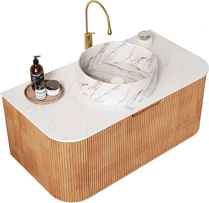36'' Floating Vanity with Sink Combo, Modern Wall-Mounted Curved Edges Striped Bathroom Storage Cabinet with Soft-Close Drawer and White Stone Pattern Basin, Natural Walnut