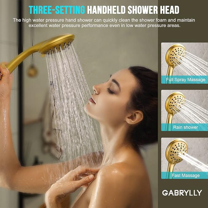 Gabrylly Shower System, 8" Wall Mounted Shower Faucet Set, Brushed Gold | Rain Shower Head with Handheld Spray Combo, All Metal Rainfall Shower Head Complete Set Shower Mixer Valve for Bathroom