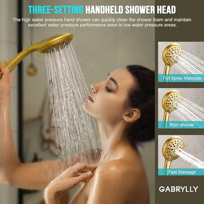 Gabrylly Shower System, 8" Wall Mounted Shower Faucet Set, Brushed Gold | Rain Shower Head with Handheld Spray Combo, All Metal Rainfall Shower Head Complete Set Shower Mixer Valve for Bathroom