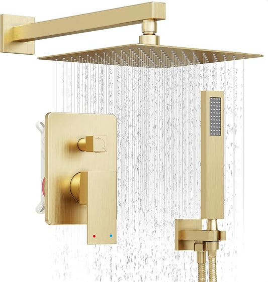 10" Rain Gold Shower System with Handheld & Valve, Brushed Gold | Wall-Mounted High-Pressure Shower Faucet Combo Set, 10-Inch Rain Shower Head with Handheld Spray,Includes Valve and Trim Kit