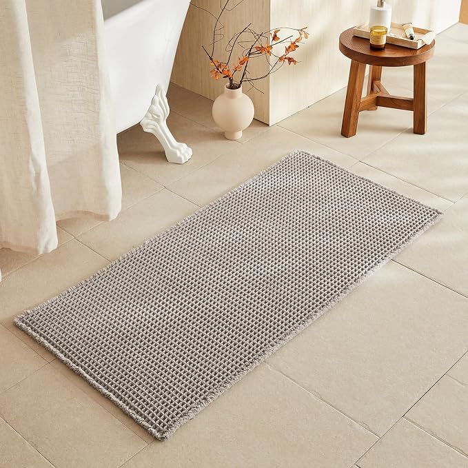 TYUU Waffle Bath Mat, Boho Bathroom Rugs Non Slip, 48x24 Light Grey | Super Absorbent Quick Dry Bath Rug, Non-Slip Backing, Soft Waffle Washable Farmhouse Bathroom Mats, Tub, Shower & Home Decor