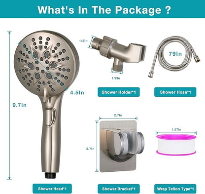 GwernKB Handheld Shower Head with ON OFF Switch & 79in Stainless Steel Hose | Built-in Power Spray,7-mode High Pressure Spray with Bracket & Extra No Drilling Shower Holder for Lower Mount,Brushed Nickel