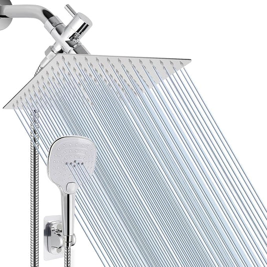 NearMoon Shower Head with Hose, High Pressure Stainless Steel Rain Shower and 3 Settings Handheld Spray Combo with Push Button Flow Control (12 Inch, Chrome Finish)