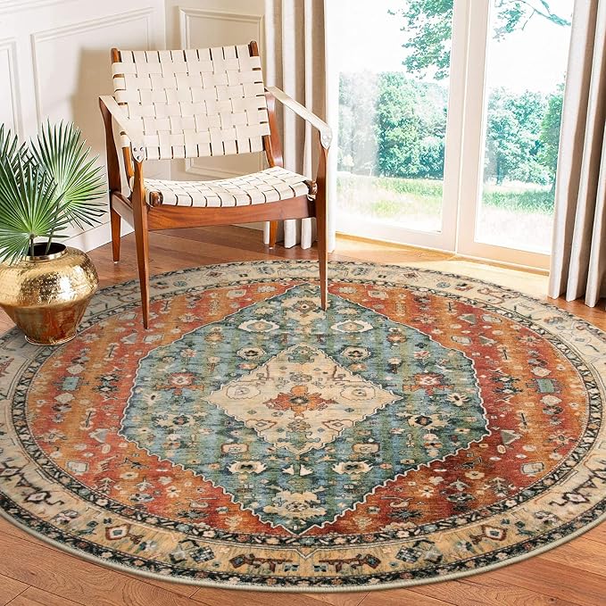Lahome Felice Boho Tribal Round Rugs 6ft Washable Living Room Area Rug, Soft Bedroom Circle Rug, Oriental Large Indoor Floor Dining Room Carpet for Entryway Nursery (Rust/Dull Teal,6ft-Round)