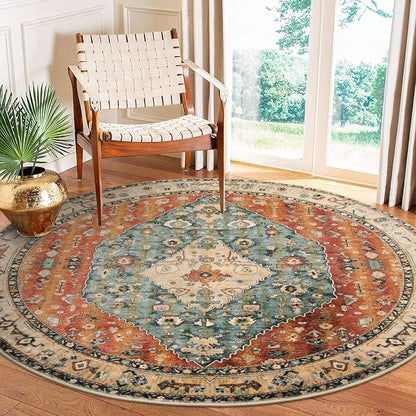 Lahome Felice Boho Tribal Round Rugs 6ft Washable Living Room Area Rug, Soft Bedroom Circle Rug, Oriental Large Indoor Floor Dining Room Carpet for Entryway Nursery (Rust/Dull Teal,6ft-Round)
