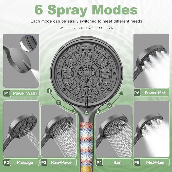 Filtered Shower Head, 6 Inch High Pressure Handheld Shower Filter Head for Hard Water, 6 Spray Modes Water Softener Showerhead with Hose and Shower Arm Bracket, Dark Grey