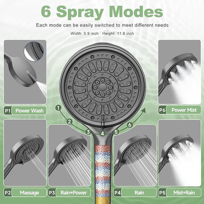 Filtered Shower Head, 6 Inch High Pressure Handheld Shower Filter Head for Hard Water, 6 Spray Modes Water Softener Showerhead with Hose and Shower Arm Bracket, Dark Grey