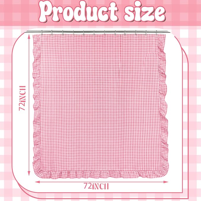 HunnmingRe Ruffled Gingham Shower Curtain Pink | 72'' x 72'' Vintage Farmhouse Curtain, Cotton Cottage Core Rural Checkered Plaid Decor, Fall Shower Curtain for Bathroom