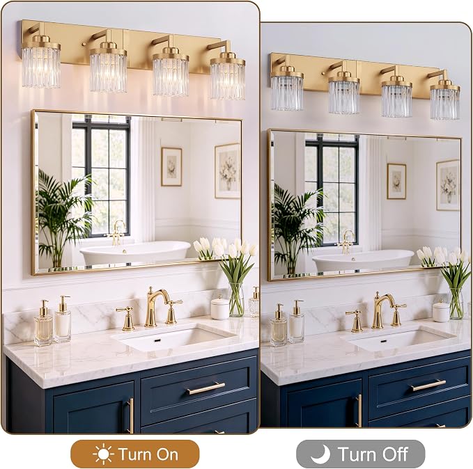 Modern 4-Light Gold Vanity Lights, Crystal Glass Bathroom Fixtures | Brushed Gold Finish, Rust-resistant Metal, Industrial Design, E26 Compatible, Over Mirror Wall Light for Bathroom Restroom