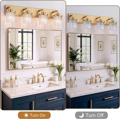 Modern 4-Light Gold Vanity Lights, Crystal Glass Bathroom Fixtures | Brushed Gold Finish, Rust-resistant Metal, Industrial Design, E26 Compatible, Over Mirror Wall Light for Bathroom Restroom
