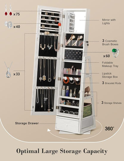 Nicetree 360° Swivel Jewelry Cabinet with Lights, Full Length Mirror, Lock | Standing Mirror Jewelry Cabinet, Lockable Mirror with Storage, Lighted Interior Mirror, Shelves, Flip-over Shelf, Grain White