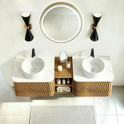 60" Floating Bathroom Vanity with Double Sink, Mid-Century Wall Mounted Bathroom Vanity Cabinet with Wood Waved Decor, Ceramic Vessel Basin, Sintered Stone Top, Soft Close Drawer, Side Open Cube