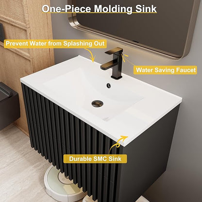 eclife 30" Floating Bathroom Vanity with Sink Combo, Modern Wall Mounted Cabinet with 2 Fluted Drawers, Undermount Sink, Faucet, Drain, Black