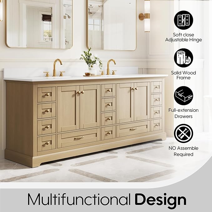WELLFOR 84 Inch Bathroom Vanity with Double Sinks, Bathroom Freestanding Vanity W/4 Soft-Close Doors and 14 Drawers, Large Storage Space Vanity, Cultured Marble Countertop Vanities (Oak)