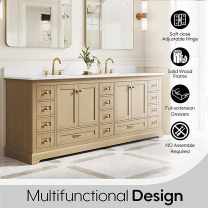 WELLFOR 84 Inch Bathroom Vanity with Double Sinks, Bathroom Freestanding Vanity W/4 Soft-Close Doors and 14 Drawers, Large Storage Space Vanity, Cultured Marble Countertop Vanities (Oak)