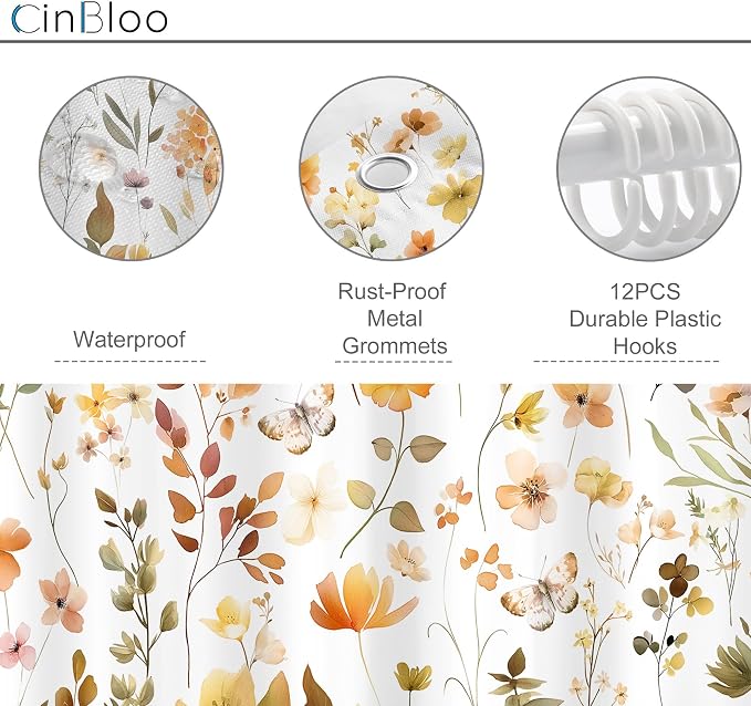Orange Floral Flower Fall Autumn Brown Plants Bathroom Shower Curtain Set | 72"W x 72"H Botanical Wildflower; waterproof HD print, quick-dry fabric and plastic hooks for easy setup.