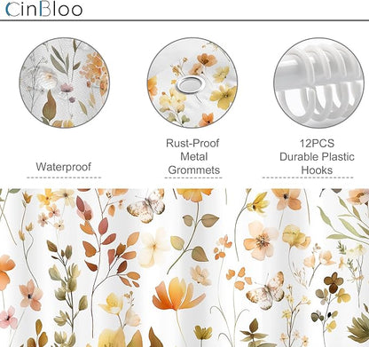 Orange Floral Flower Fall Autumn Brown Plants Bathroom Shower Curtain Set | 72"W x 72"H Botanical Wildflower; waterproof HD print, quick-dry fabric and plastic hooks for easy setup.