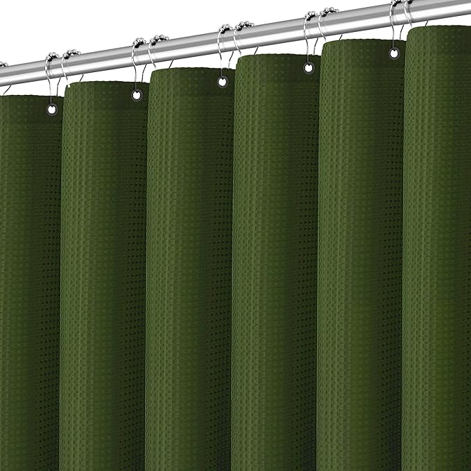 Extra Long Green Bathroom Decor Waffle Shower Curtain 96 Inches 256GSM Heavy Duty Shower Curtain Set, Hotel Quality Water Repellent Modern Shower Curtains with 12 Hooks,72Wx96H