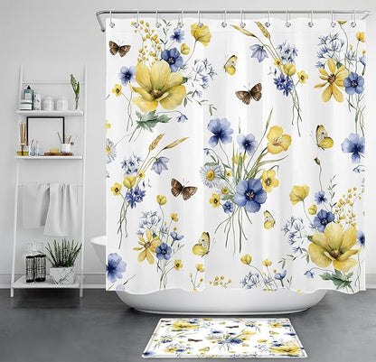 HVEST Farmhouse Floral Shower Curtain and Bathroom Rugs, Blue and Yellow Flower and Butterfly on White Shower Curtain with Bath Mat, 70X70 inches Rustic Wildflower Shower Curtain Set