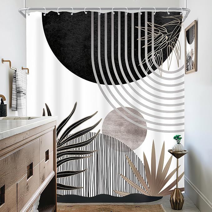 Mid Century Black Gray Boho Abstract Modern Bathroom Shower Curtain Set | 60Wx72L S Plant design, waterproof HD print with fast-drying fabric and 12 hooks.