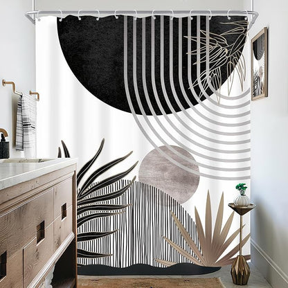 Mid Century Black Gray Boho Abstract Modern Bathroom Shower Curtain Set | 60Wx72L S Plant design, waterproof HD print with fast-drying fabric and 12 hooks.