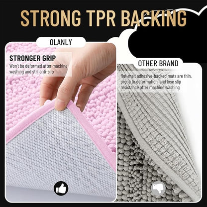 OLANLY Thick Bathroom Rugs 30x20, Soft Chenille Striped Bath Rugs, Pink | Rubber Backing, Machine Wash, Extra Absorbent Bath Mats for Bathroom Floor, Tub and Shower, Home Decor Accessories