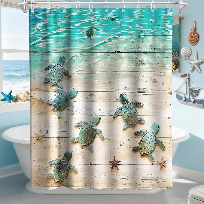 Cute Kids Beach Shower Curtain, Ocean Coastal Nautical Sea Turtle Shower Curtains for Bathroom, Waterproof Bath Curtain with Hooks Machine Washable Bathtub Curtains 60x72 Inch Blue Green