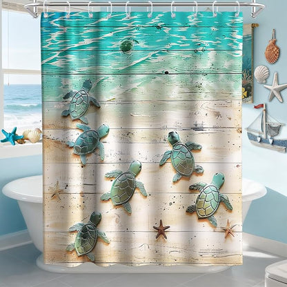Cute Kids Beach Shower Curtain, Ocean Coastal Nautical Sea Turtle Shower Curtains for Bathroom, Waterproof Bath Curtain with Hooks Machine Washable Bathtub Curtains 60x72 Inch Blue Green