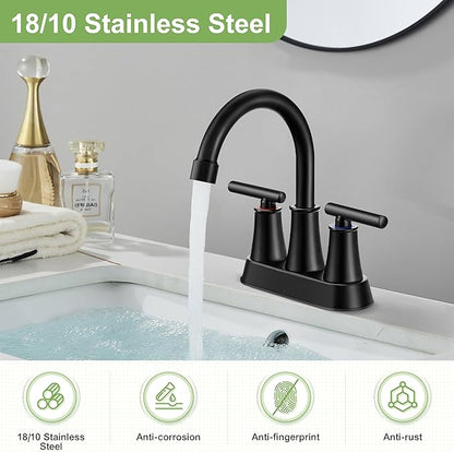 Herogo Matte Black Bathroom Sink Faucet for 3 Holes, 4 Inch Centerset Bathroom Faucet 2-Handle with Pop-Up Drain & Supply Hoses, 18/10 Stainless Steel, for RV Vanity Lavatory