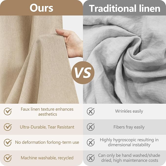 Faux Linen Textured Taupe Shower Curtain Extra Long 72 x 78 Inch, Heavyweight Fabric Shower Curtain XLong Water-Resistant, Rustic Farmhouse Natural Tan Bathroom Curtain Wrinkle-Free