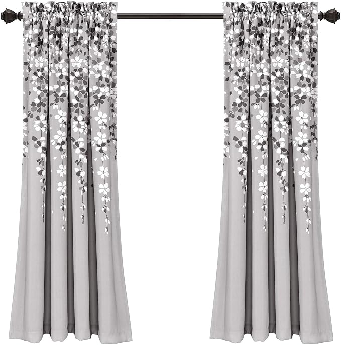 Lush Decor Weeping Flower Light Filtering Window Curtain Panels, Pair, 52"W x 63"L + 2" Header, Gray - Charming Modern Floral Curtains for Living Room, Dining Room, & Bedroom