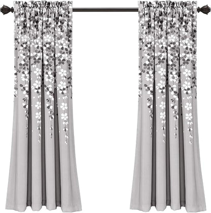 Lush Decor Weeping Flower Light Filtering Window Curtain Panels, Pair, 52"W x 63"L + 2" Header, Gray - Charming Modern Floral Curtains for Living Room, Dining Room, & Bedroom