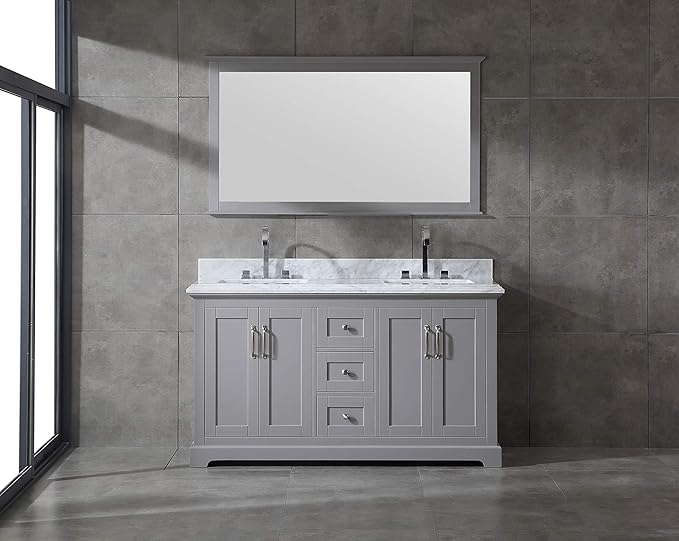 Mareo 60" Solid Wood Double Sink Bathroom Vanity | Marble Countertop & Backsplash | Soft Closing Doors & Drawers | Nickel Brushed Handles | Grey Cabinet & Undermount Ceramic Sink Top | Pre-Assembled