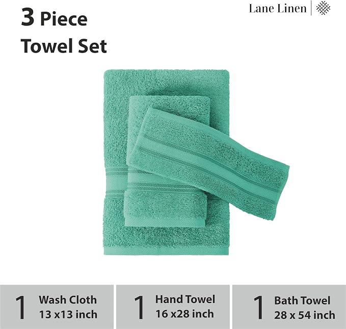 LANE LINEN Towel Set Quick Dry 100% Cotton 3 Piece Soft Absorbent - Teal | Cotton Towels For Bathroom - Zero-Twist Durability, Zero-Twist Cotton, Terry Weave Comfort, Long-Lasting Comfort